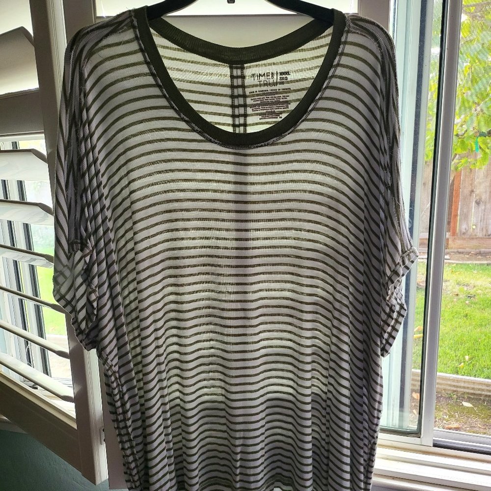 Time and Tru Boho Top Green Ivory Stripes Comfy Stretch Blouse Plus 3X X…